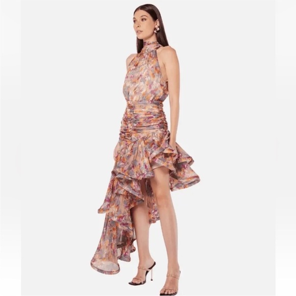 NWT Elliott historical watercolor print high neck asymmetrical gown dress size s - Picture 4 of 6